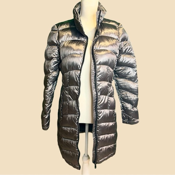 Calvin Klein Pewter Metallic Packable Down-Fill Blend Long Length Puffer Coat S - Picture 2 of 16
